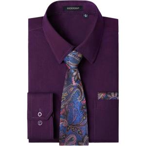 imageHISDERN Mens Dress Shirt Long Sleeve Matching Tie and Pocket Square Set Classic Button Down Formal Business ShirtsCpurplePaisley