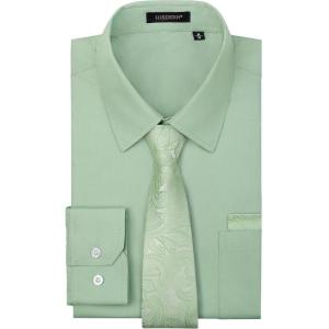imageHISDERN Mens Dress Shirt Long Sleeve Matching Tie and Pocket Square Set Classic Button Down Formal Business ShirtsDgreen SagePaisley