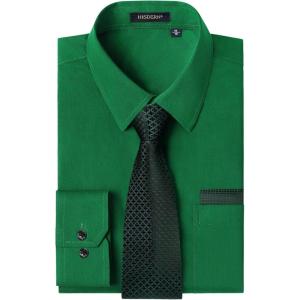 imageHISDERN Mens Dress Shirt Long Sleeve Matching Tie and Pocket Square Set Classic Button Down Formal Business ShirtsDgreenPlaid