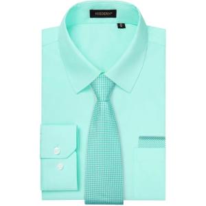 imageHISDERN Mens Dress Shirt Long Sleeve Matching Tie and Pocket Square Set Classic Button Down Formal Business ShirtsDmint GreenHoundstooth
