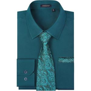 imageHISDERN Mens Dress Shirt Long Sleeve Matching Tie and Pocket Square Set Classic Button Down Formal Business ShirtsDtealFloral
