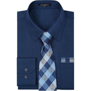 imageHISDERN Mens Dress Shirt Long Sleeve Matching Tie and Pocket Square Set Classic Button Down Formal Business ShirtsE02dress Shirt Navy Blue  Blue Tie