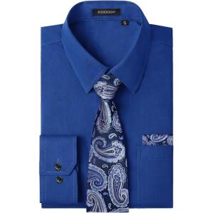 imageHISDERN Mens Dress Shirt Long Sleeve Matching Tie and Pocket Square Set Classic Button Down Formal Business ShirtsEblue RoyalPaisley