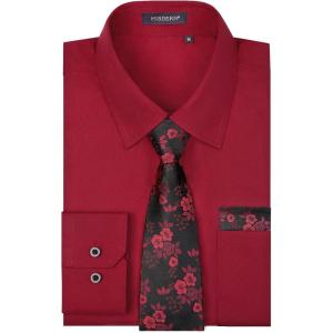imageHISDERN Mens Dress Shirt Long Sleeve Matching Tie and Pocket Square Set Classic Button Down Formal Business ShirtsFburgundyFloral