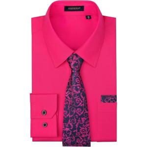 imageHISDERN Mens Dress Shirt Long Sleeve Matching Tie and Pocket Square Set Classic Button Down Formal Business ShirtsFhot PinkFloral