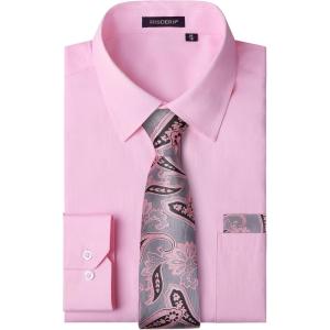 imageHISDERN Mens Dress Shirt Long Sleeve Matching Tie and Pocket Square Set Classic Button Down Formal Business ShirtsFpinkPaisley