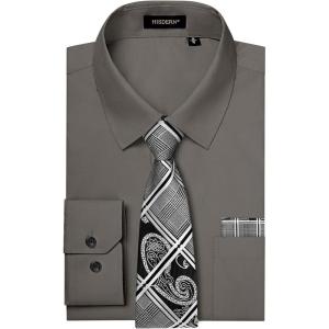 imageHISDERN Mens Dress Shirt Long Sleeve Matching Tie and Pocket Square Set Classic Button Down Formal Business ShirtsGgreyPlaid
