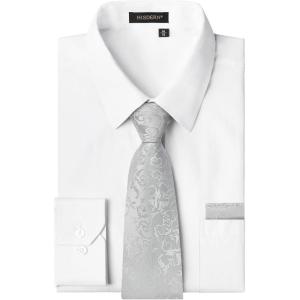 imageHISDERN Mens Dress Shirt Long Sleeve Matching Tie and Pocket Square Set Classic Button Down Formal Business ShirtsHwhiteFloral