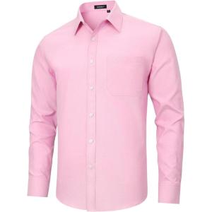 imageHISDERN Mens Dress Shirts Long Sleeve Button Down Shirts for Men Oxford Business Casual Formal Collared Shirt with PocketPink