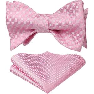 imageBow Ties for Men Check Plaid Self Tie Bow Tie and Pocket Square Bowtie Formal Tuxedo Wedding Bowties Handkerchief SetA01 Light Pink