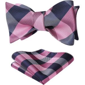 imageBow Ties for Men Check Plaid Self Tie Bow Tie and Pocket Square Bowtie Formal Tuxedo Wedding Bowties Handkerchief SetA05 Pink  Grey