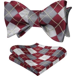 imageBow Ties for Men Check Plaid Self Tie Bow Tie and Pocket Square Bowtie Formal Tuxedo Wedding Bowties Handkerchief SetB05 Red Grey 1