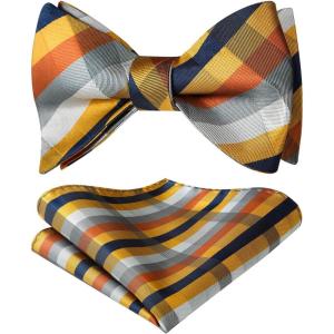 imageBow Ties for Men Check Plaid Self Tie Bow Tie and Pocket Square Bowtie Formal Tuxedo Wedding Bowties Handkerchief SetC09 Orange Yellow Grey