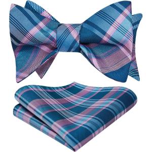 imageBow Ties for Men Check Plaid Self Tie Bow Tie and Pocket Square Bowtie Formal Tuxedo Wedding Bowties Handkerchief SetD01 PinkAqua