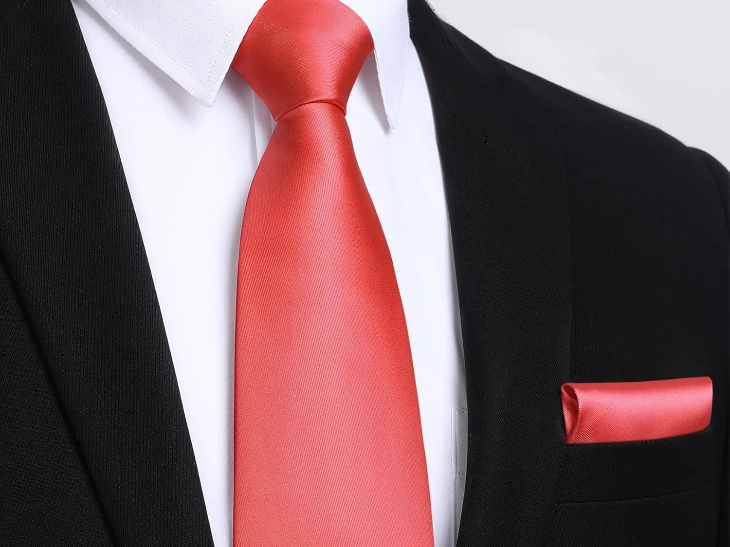 imageHISDERN Mens Solid Color Ties Formal Satin Necktie and Pocket Square Set Classic Wedding Business Tie ampamp HandkerchiefBcoral