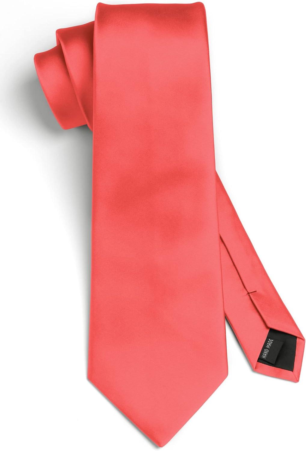 imageHISDERN Mens Solid Color Ties Formal Satin Necktie and Pocket Square Set Classic Wedding Business Tie ampamp HandkerchiefBcoral