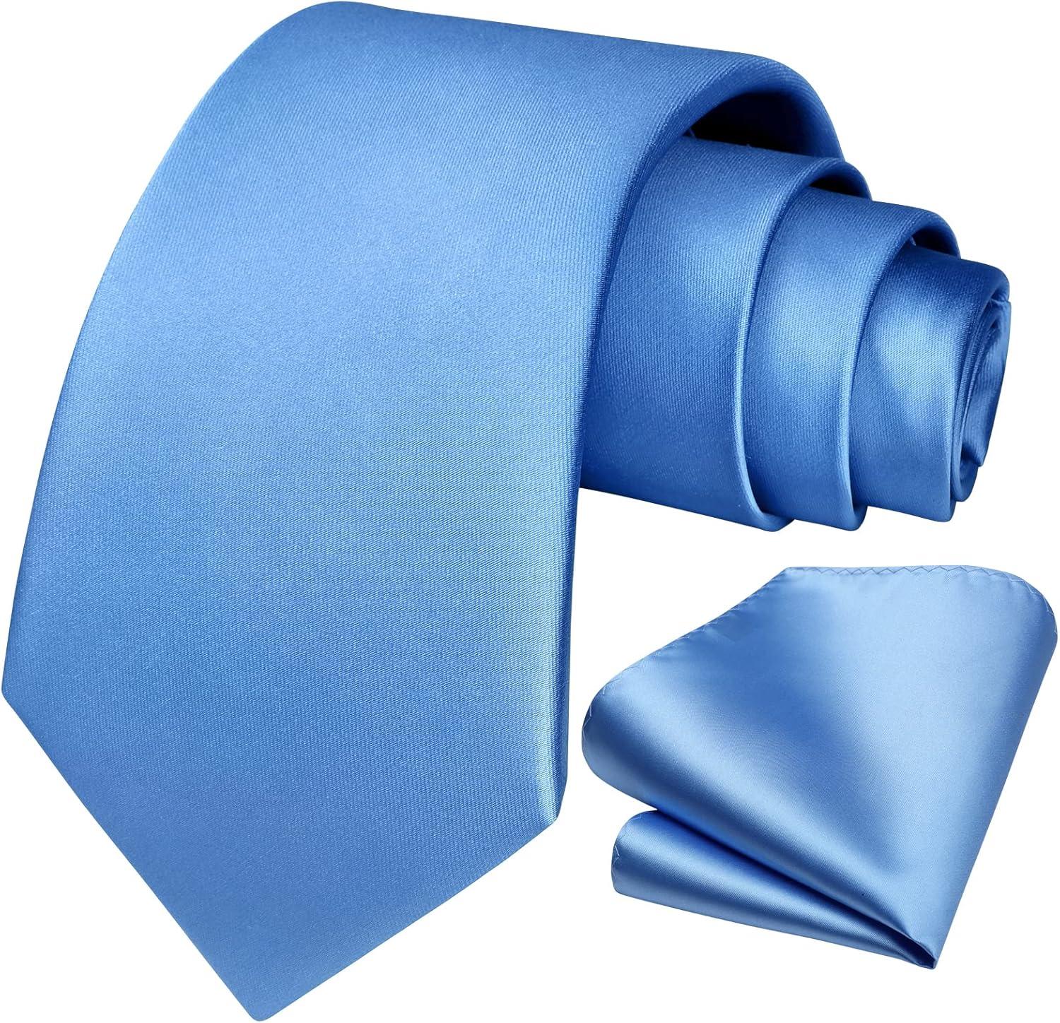 imageHISDERN Mens Solid Color Ties Formal Satin Necktie and Pocket Square Set Classic Wedding Business Tie ampamp HandkerchiefEcornflower Blue