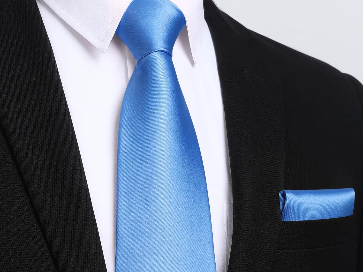 imageHISDERN Mens Solid Color Ties Formal Satin Necktie and Pocket Square Set Classic Wedding Business Tie ampamp HandkerchiefEcornflower Blue