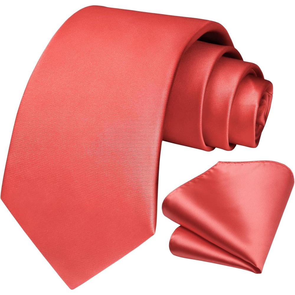 imageHISDERN Mens Solid Color Ties Formal Satin Necktie and Pocket Square Set Classic Wedding Business Tie ampamp HandkerchiefBcoral