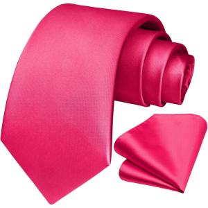 imageHISDERN Mens Solid Color Ties Formal Satin Necktie and Pocket Square Set Classic Wedding Business Tie ampamp HandkerchiefAmagenta