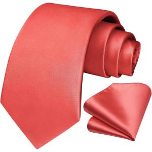imageHISDERN Mens Solid Color Ties Formal Satin Necktie and Pocket Square Set Classic Wedding Business Tie ampamp HandkerchiefBcoral