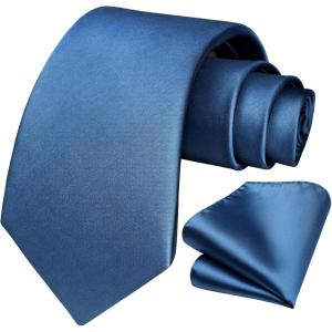 imageHISDERN Mens Solid Color Ties Formal Satin Necktie and Pocket Square Set Classic Wedding Business Tie ampamp HandkerchiefEblue Ashes