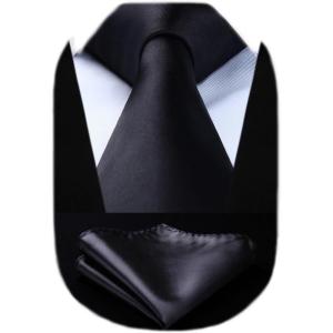 imageHISDERN Mens Solid Color Ties Formal Satin Necktie and Pocket Square Set Classic Wedding Business Tie ampamp HandkerchiefJblack
