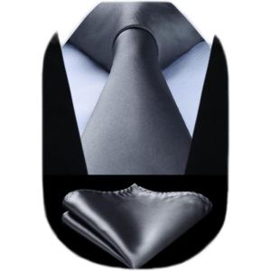 imageHISDERN Mens Solid Color Ties Formal Satin Necktie and Pocket Square Set Classic Wedding Business Tie ampamp HandkerchiefLgray