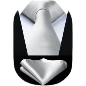 imageHISDERN Mens Solid Color Ties Formal Satin Necktie and Pocket Square Set Classic Wedding Business Tie ampamp HandkerchiefLgray White