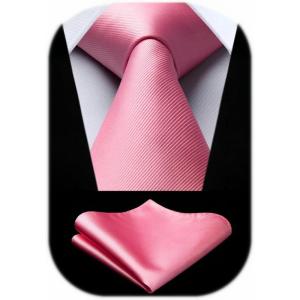 imageHISDERN Mens Ties Solid Color Ties for Men Formal Necktie with Pocket Square Set Satin Silk Neck Tie Handkerchiefs SetEpink