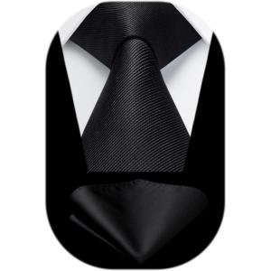 imageHISDERN Mens Ties Solid Color Ties for Men Formal Necktie with Pocket Square Set Satin Silk Neck Tie Handkerchiefs SetKblack