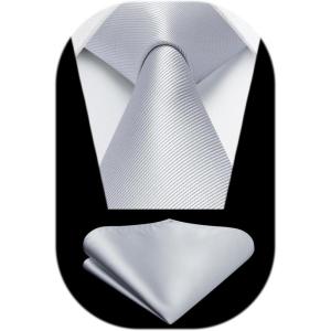 imageHISDERN Mens Ties Solid Color Ties for Men Formal Necktie with Pocket Square Set Satin Silk Neck Tie Handkerchiefs SetMsilver