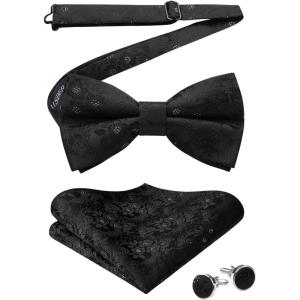 imageHISDERN Bow Ties for Men PreTied Bow Tie Floral Paisley Handkerchief Classic Formal Bowtie and Pocket Square Cufflinks Set01black Floral