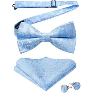 imageHISDERN Bow Ties for Men PreTied Bow Tie Floral Paisley Handkerchief Classic Formal Bowtie and Pocket Square Cufflinks Set02paisley Light Blue