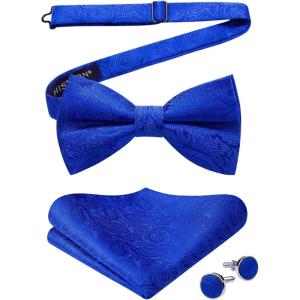 imageHISDERN Bow Ties for Men PreTied Bow Tie Floral Paisley Handkerchief Classic Formal Bowtie and Pocket Square Cufflinks Set02paisley Royal Blue