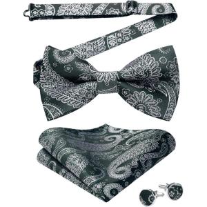 imageHISDERN Bow Ties for Men PreTied Bow Tie Floral Paisley Handkerchief Classic Formal Bowtie and Pocket Square Cufflinks Set03dark Green