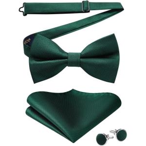 imageHISDERN Bow Ties for Men PreTied Bow Tie Floral Paisley Handkerchief Classic Formal Bowtie and Pocket Square Cufflinks Set03green Plaid