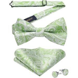 imageHISDERN Bow Ties for Men PreTied Bow Tie Floral Paisley Handkerchief Classic Formal Bowtie and Pocket Square Cufflinks Set03sage Green
