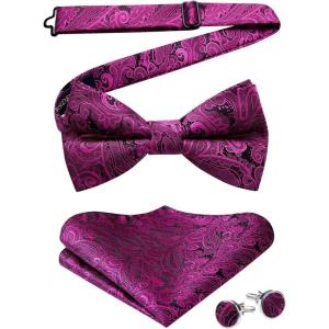 imageHISDERN Bow Ties for Men PreTied Bow Tie Floral Paisley Handkerchief Classic Formal Bowtie and Pocket Square Cufflinks Set04hot Pink