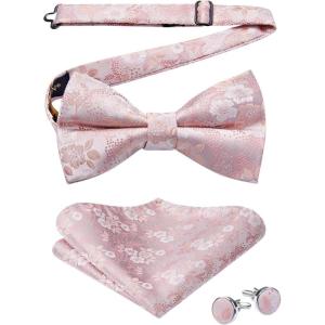 imageHISDERN Bow Ties for Men PreTied Bow Tie Floral Paisley Handkerchief Classic Formal Bowtie and Pocket Square Cufflinks Set04pink Floral