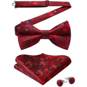 imageHISDERN Bow Ties for Men PreTied Bow Tie Floral Paisley Handkerchief Classic Formal Bowtie and Pocket Square Cufflinks Set04red Floral