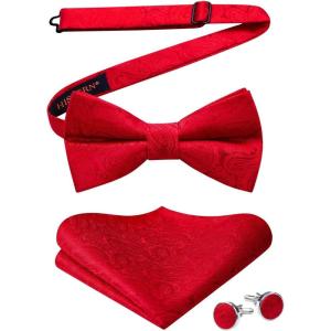 imageHISDERN Bow Ties for Men PreTied Bow Tie Floral Paisley Handkerchief Classic Formal Bowtie and Pocket Square Cufflinks Set04red Paisley