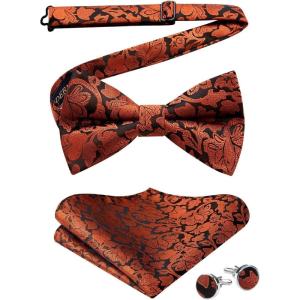 imageHISDERN Bow Ties for Men PreTied Bow Tie Floral Paisley Handkerchief Classic Formal Bowtie and Pocket Square Cufflinks Set05orange Floral