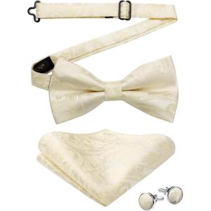 imageHISDERN Bow Ties for Men PreTied Bow Tie Floral Paisley Handkerchief Classic Formal Bowtie and Pocket Square Cufflinks Set06beige Paisley