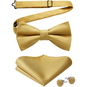 imageHISDERN Bow Ties for Men PreTied Bow Tie Floral Paisley Handkerchief Classic Formal Bowtie and Pocket Square Cufflinks Set06gold Plaid