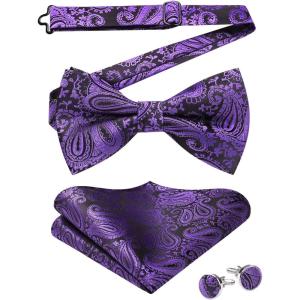 imageHISDERN Bow Ties for Men PreTied Bow Tie Floral Paisley Handkerchief Classic Formal Bowtie and Pocket Square Cufflinks Set07dark Purple1