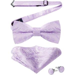 imageHISDERN Bow Ties for Men PreTied Bow Tie Floral Paisley Handkerchief Classic Formal Bowtie and Pocket Square Cufflinks Set07purple