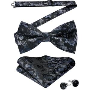 imageHISDERN Bow Ties for Men PreTied Bow Tie Floral Paisley Handkerchief Classic Formal Bowtie and Pocket Square Cufflinks Set08 Floral Black