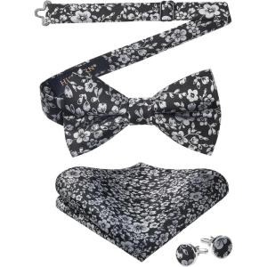 imageHISDERN Bow Ties for Men PreTied Bow Tie Floral Paisley Handkerchief Classic Formal Bowtie and Pocket Square Cufflinks Set08black Floral