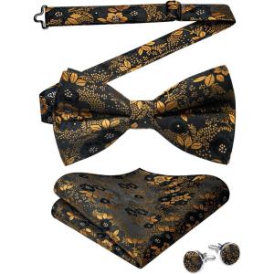 imageHISDERN Bow Ties for Men PreTied Bow Tie Floral Paisley Handkerchief Classic Formal Bowtie and Pocket Square Cufflinks Set08floral Orange
